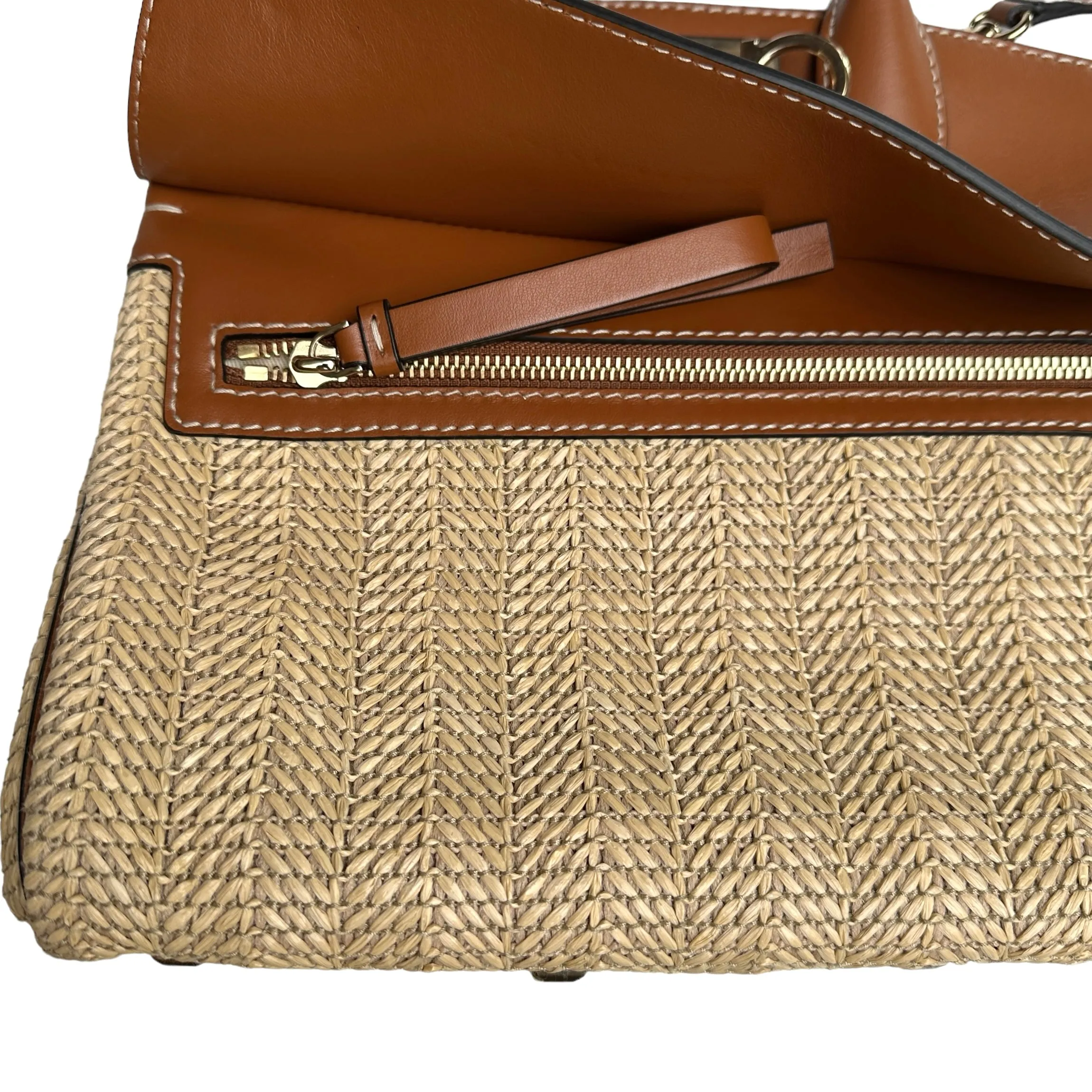 Brown Leather & Raffia Bag w/Crossbody Strap