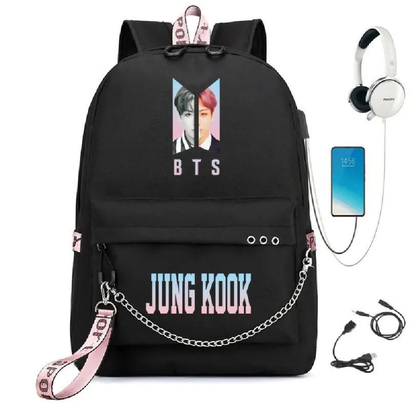 BTS BTS school bag USB charging backpack outdoor sports personalized student school bag-7