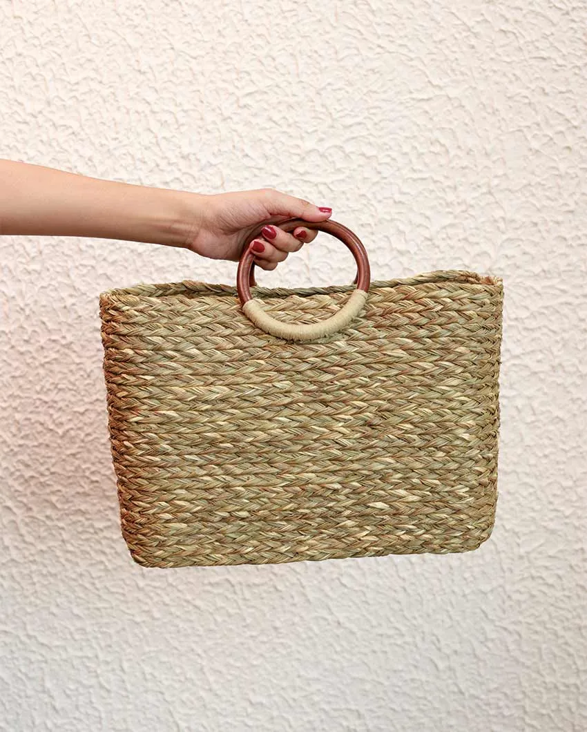 Charming Sabai Grass Hand Bag With Wooden Handle