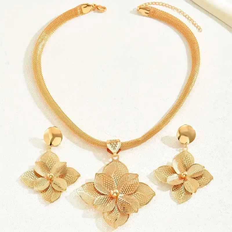 Earrings Plus Necklace Dupes Luxury Jewelry Set Trendy with Flower Design For Women