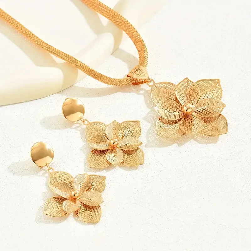 Earrings Plus Necklace Dupes Luxury Jewelry Set Trendy with Flower Design For Women