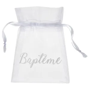 Floral Baptism White "Baptême" Small Organza Bags, 6 Count