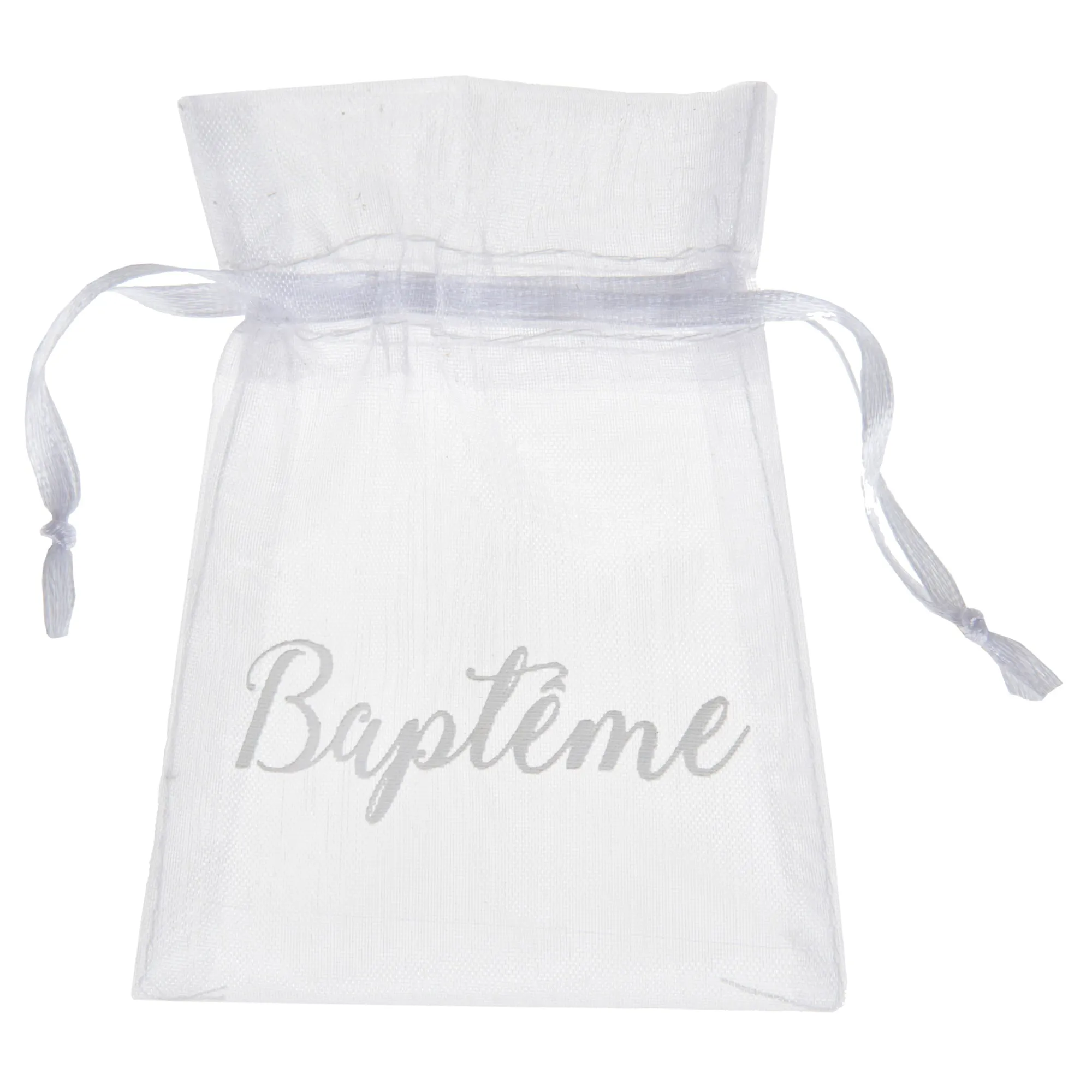 Floral Baptism White "Baptême" Small Organza Bags, 6 Count