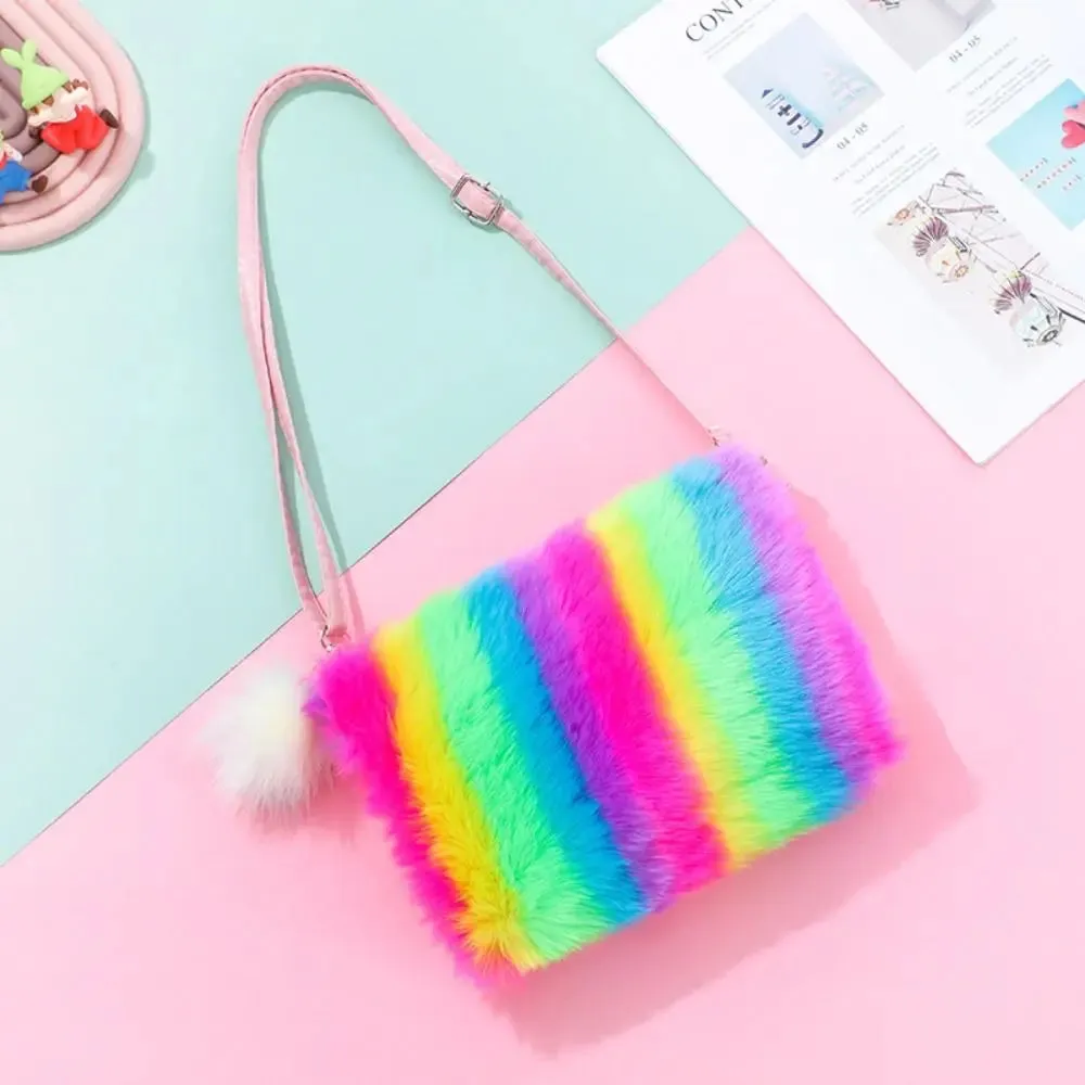 Girls Plush Tie Dye Rainbow Crossbody Purse, Fluffy Fuzzy Bag