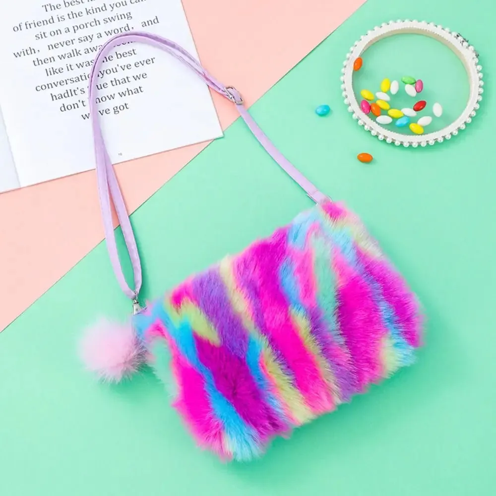 Girls Plush Tie Dye Rainbow Crossbody Purse, Fluffy Fuzzy Bag