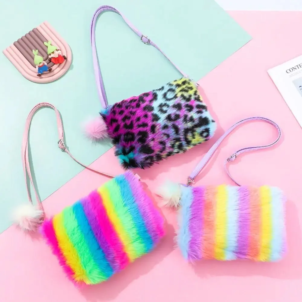 Girls Plush Tie Dye Rainbow Crossbody Purse, Fluffy Fuzzy Bag