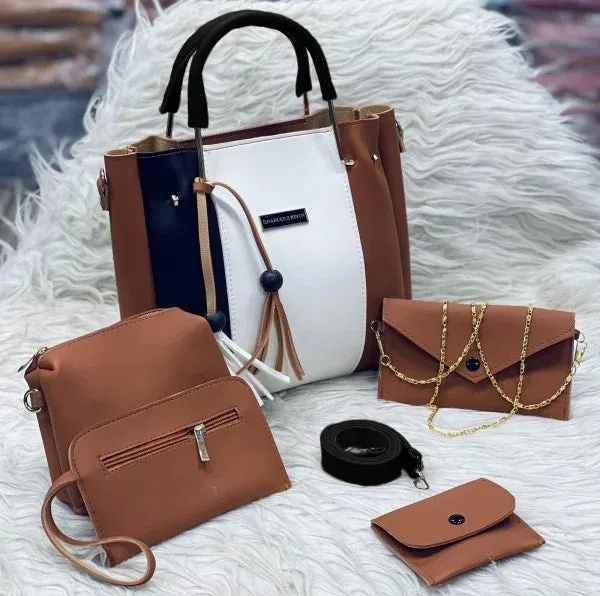 High Quality Cynthetic Rexine 5pcs. Hand Bag Set With Makeup Pouch And Wallet With Long Chain. Zip Wallet. Coin Pouch. Long Belt.