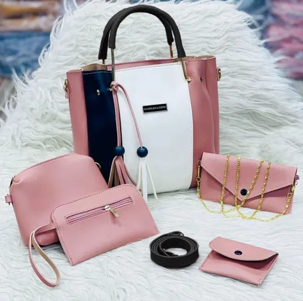 High Quality Cynthetic Rexine 5pcs. Hand Bag Set With Makeup Pouch And Wallet With Long Chain. Zip Wallet. Coin Pouch. Long Belt.