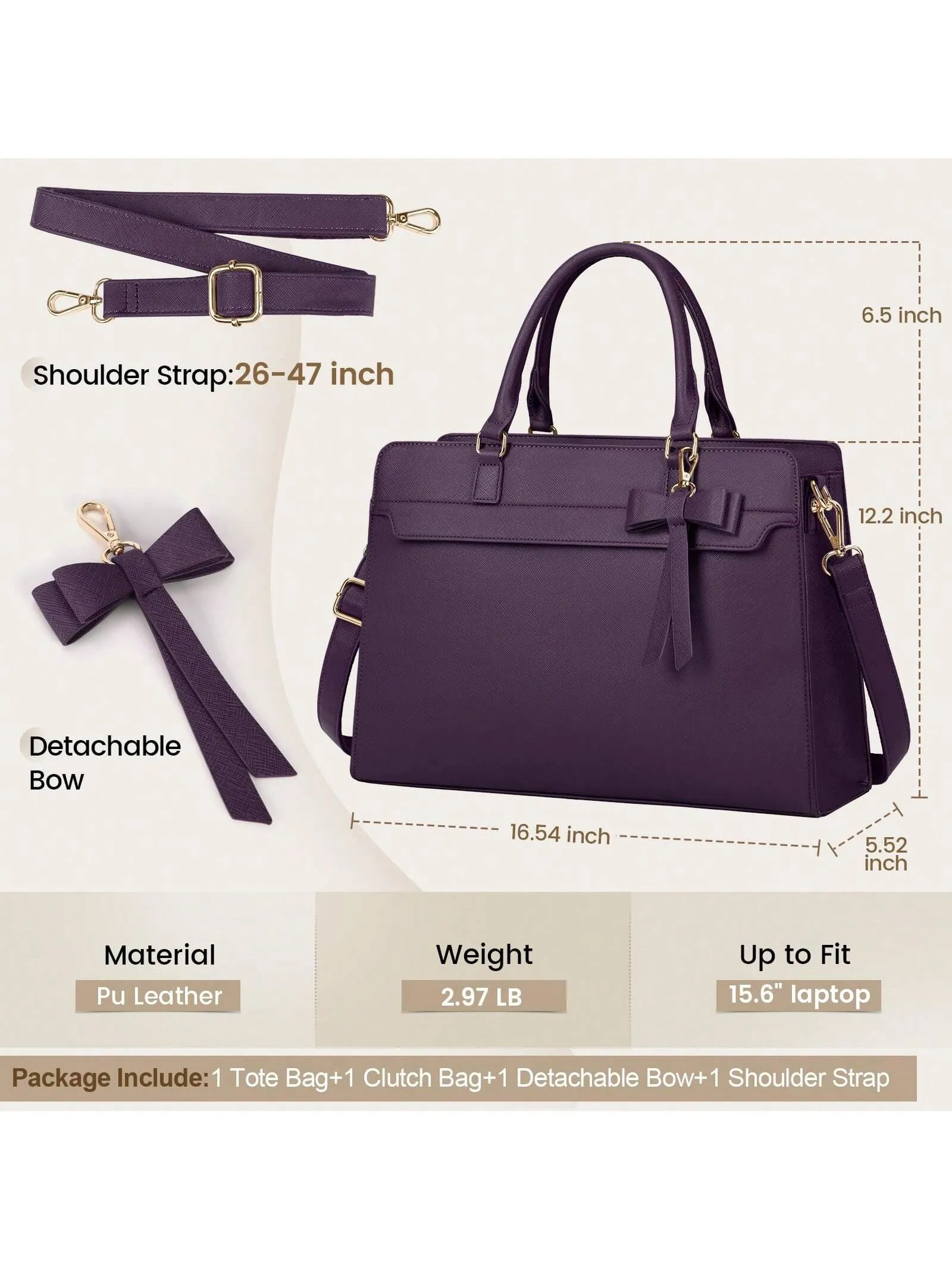 Laptop Bag For Women 15.6 Inch Leather Laptop Tote Bag Large Computer Bag Waterproof Business Office Work Bag Briefcase With Satchel Purse 2pcs Set