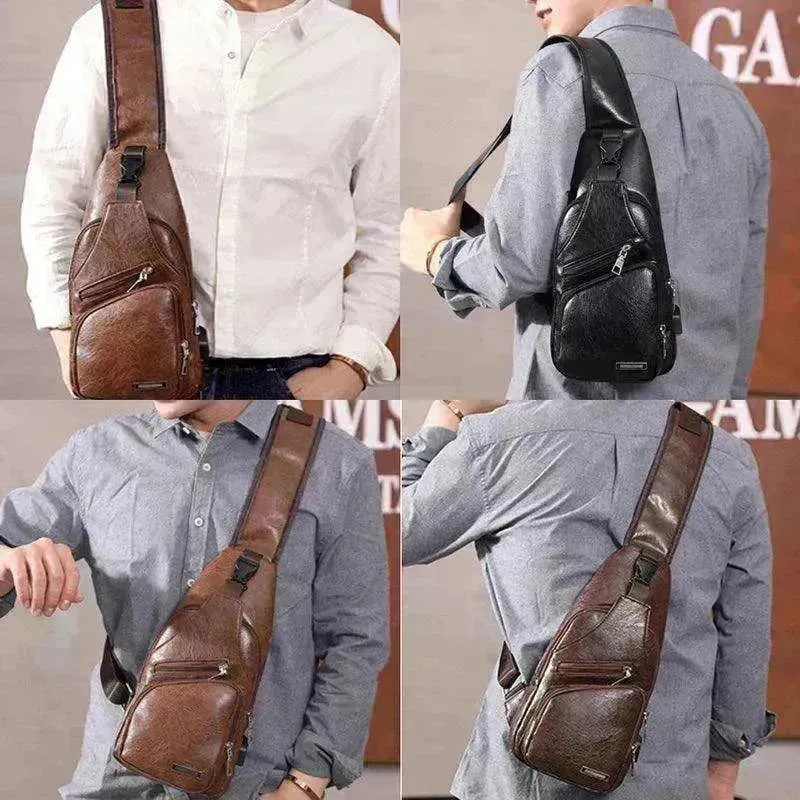 Men USB Charging Bag PU PVC Shoulder Diagonal Messenger Travel Cross Body Bags