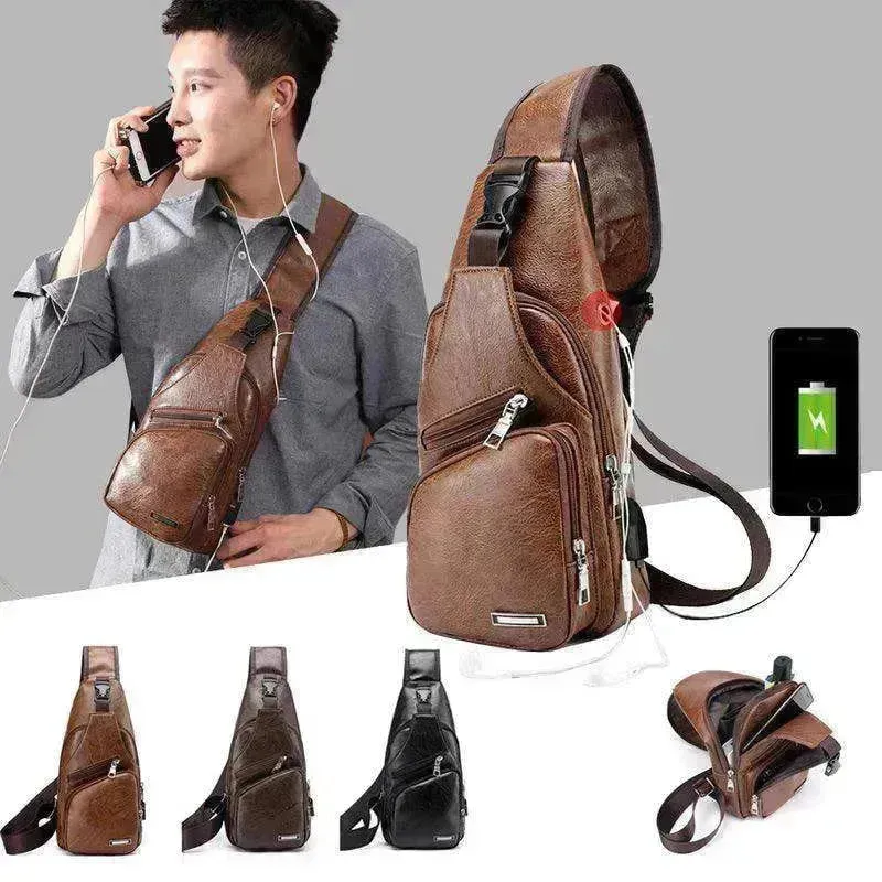 Men USB Charging Bag PU PVC Shoulder Diagonal Messenger Travel Cross Body Bags