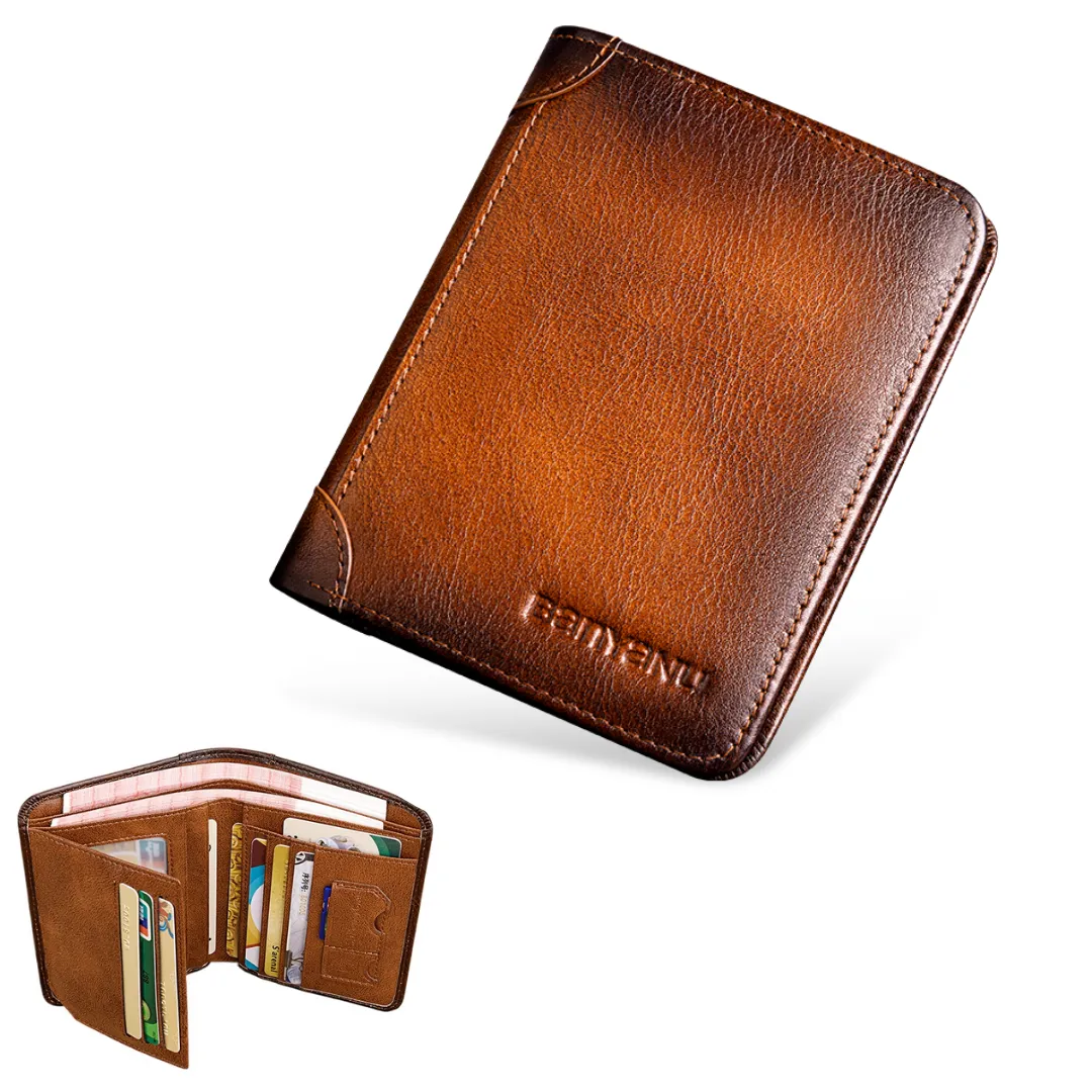 Men's RFID Shielded Tri-fold Genuine Leather Wallet, First-grain Cowhide Retro Short Multi-functional Credit Card Holder, Money Clip, Coin Purse