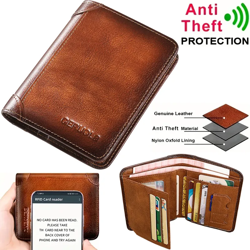 Men's RFID Shielded Tri-fold Genuine Leather Wallet, First-grain Cowhide Retro Short Multi-functional Credit Card Holder, Money Clip, Coin Purse