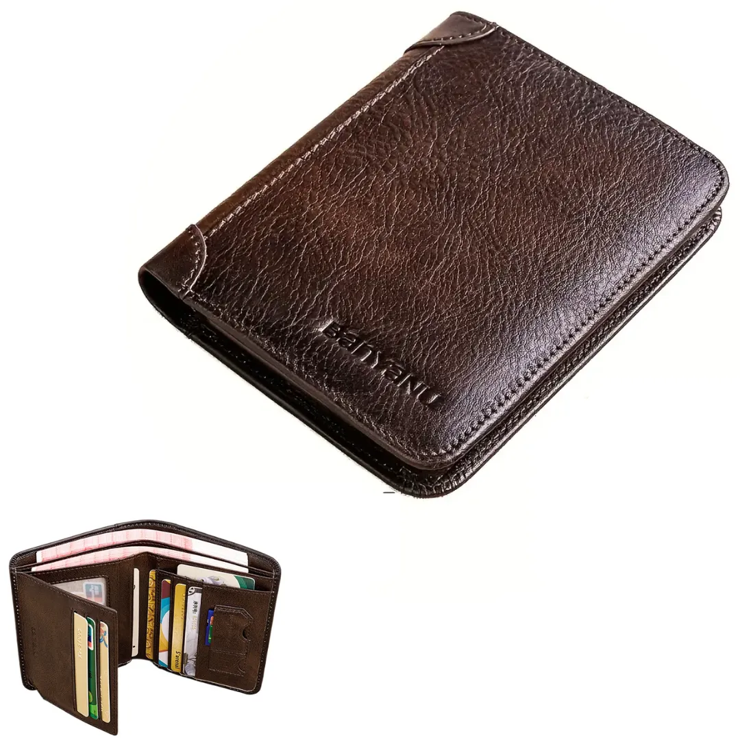 Men's RFID Shielded Tri-fold Genuine Leather Wallet, First-grain Cowhide Retro Short Multi-functional Credit Card Holder, Money Clip, Coin Purse