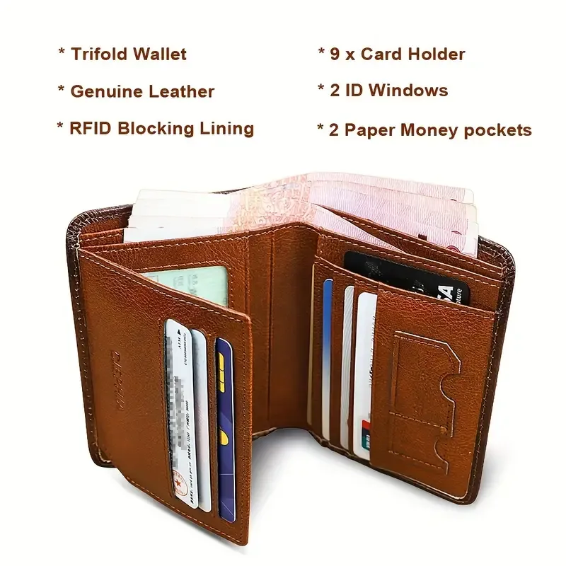 Men's RFID Shielded Tri-fold Genuine Leather Wallet, First-grain Cowhide Retro Short Multi-functional Credit Card Holder, Money Clip, Coin Purse