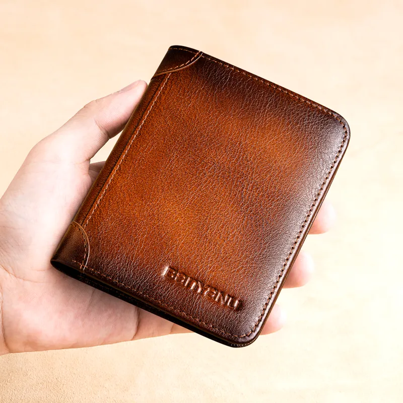 Men's RFID Shielded Tri-fold Genuine Leather Wallet, First-grain Cowhide Retro Short Multi-functional Credit Card Holder, Money Clip, Coin Purse