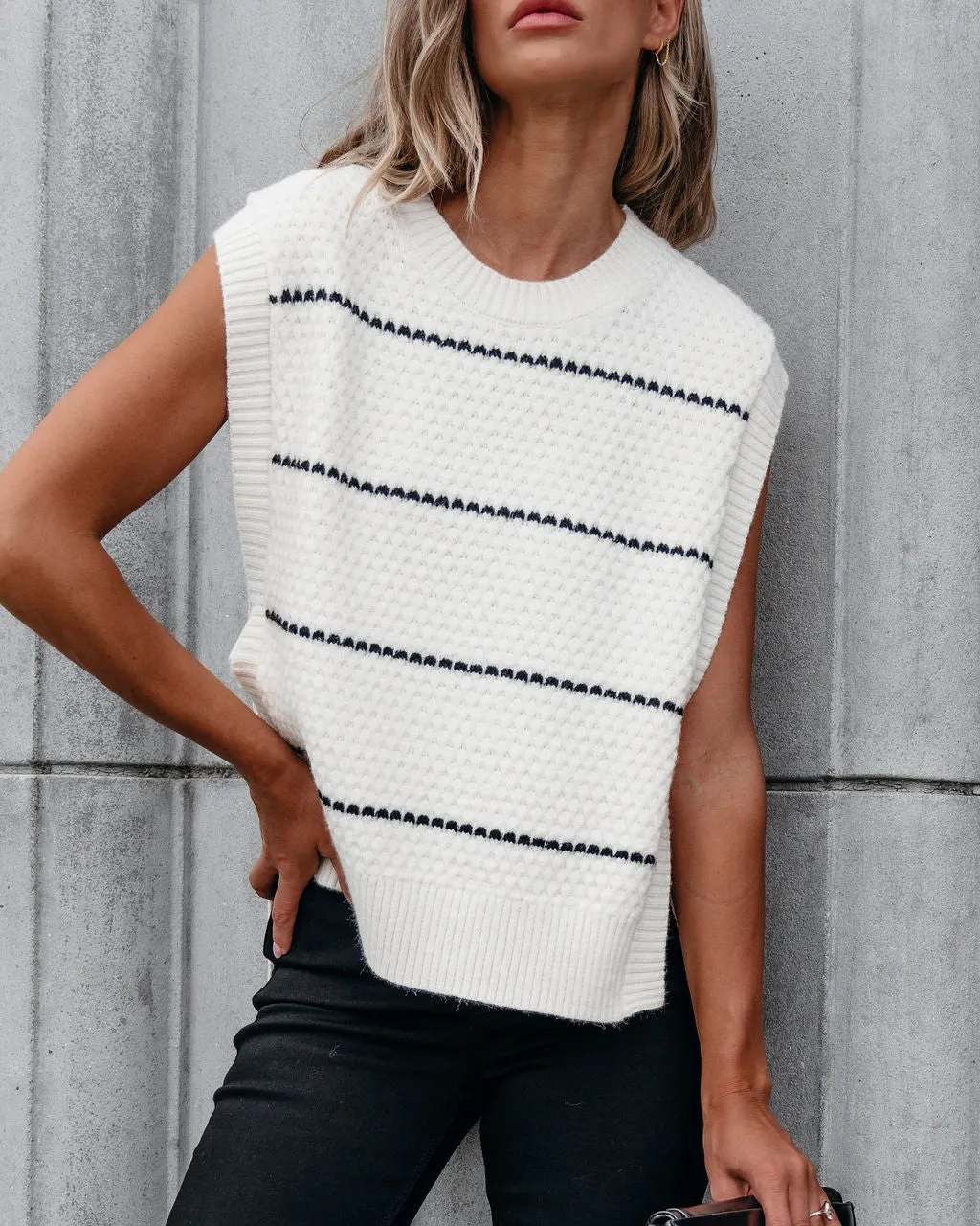 Muse By Magnolia Cream and Black Striped Sweater Vest - DOORBUSTER