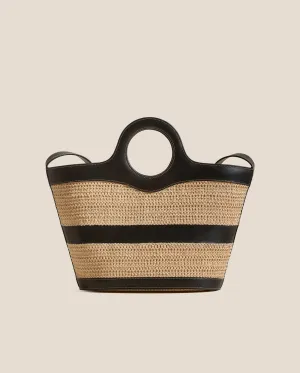 NASTA LEATHER FRAMED RAFFIA TOTE BAG / NATURAL BLACK