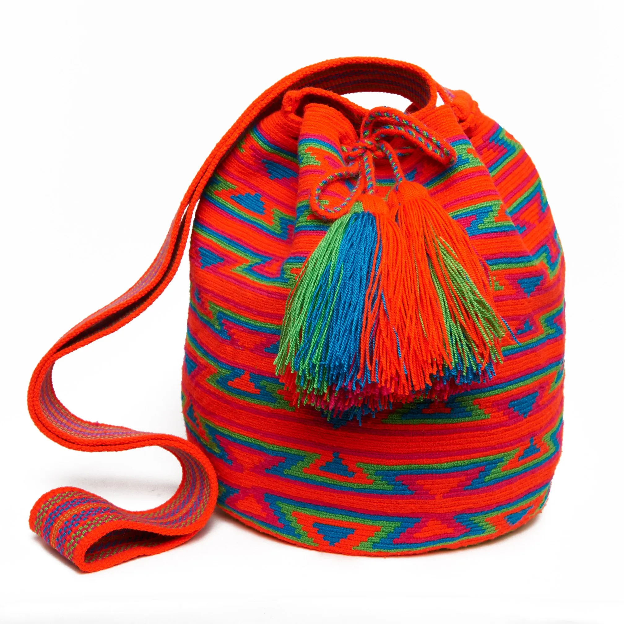 Orange, Fuschia, Green and Blue Cotton Cartagena Mochila Tassel Bag