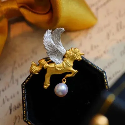 Versatile Angel Unicorn Brooch with Akoya Pearl