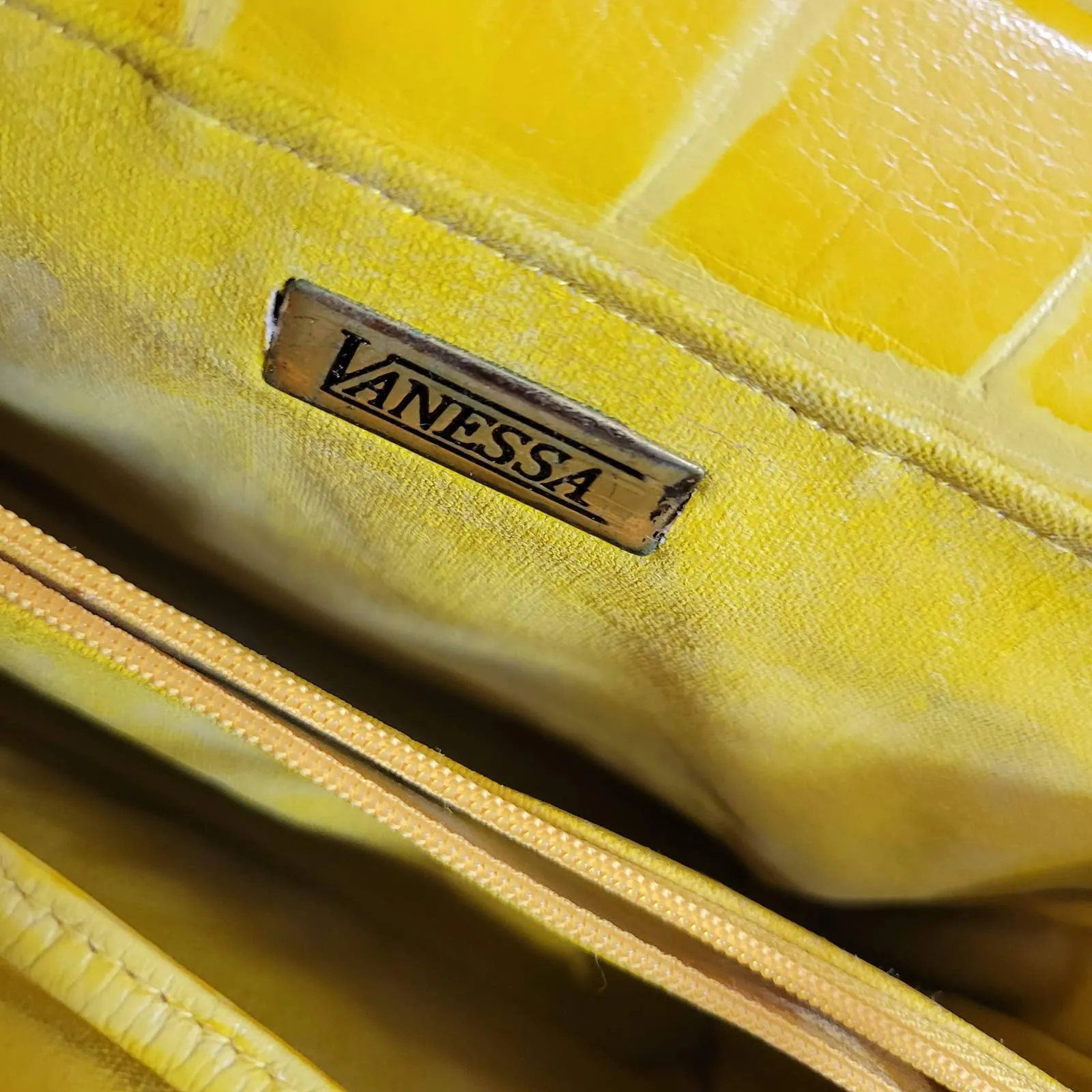 Vintage Vanessa Yellow Shoulder Bag Leather Crossbody Croc Embossed Structured Frame