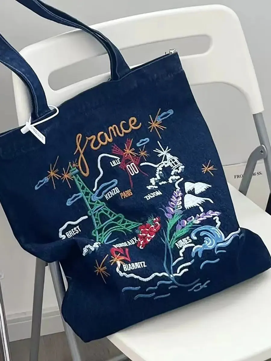 Women Embroidery Denim Shoulder Bag