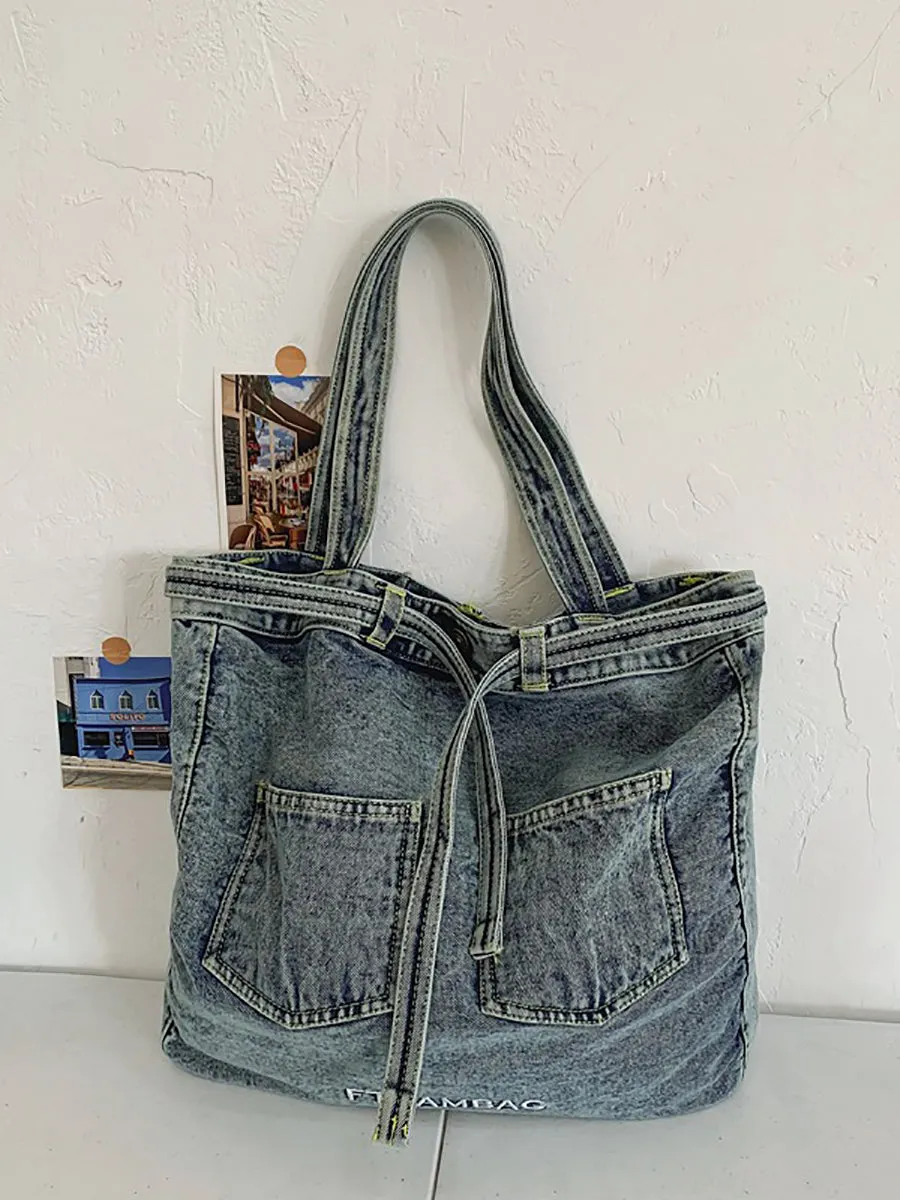 Women Vintage Solid Pocket Denim Handbag Shoulder Bag ZZ1008