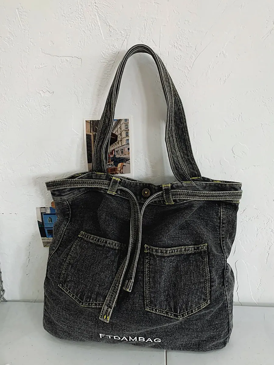 Women Vintage Solid Pocket Denim Handbag Shoulder Bag ZZ1008