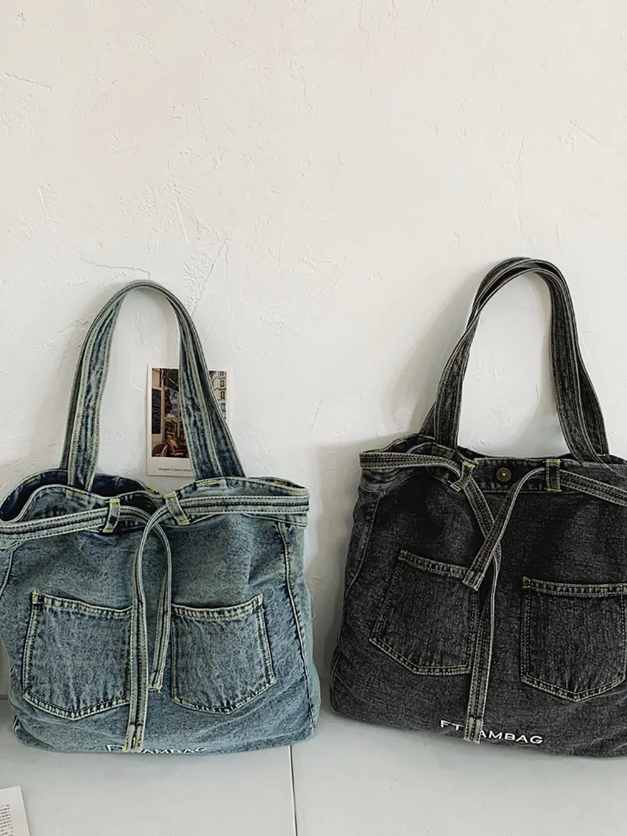 Women Vintage Solid Pocket Denim Handbag Shoulder Bag ZZ1008